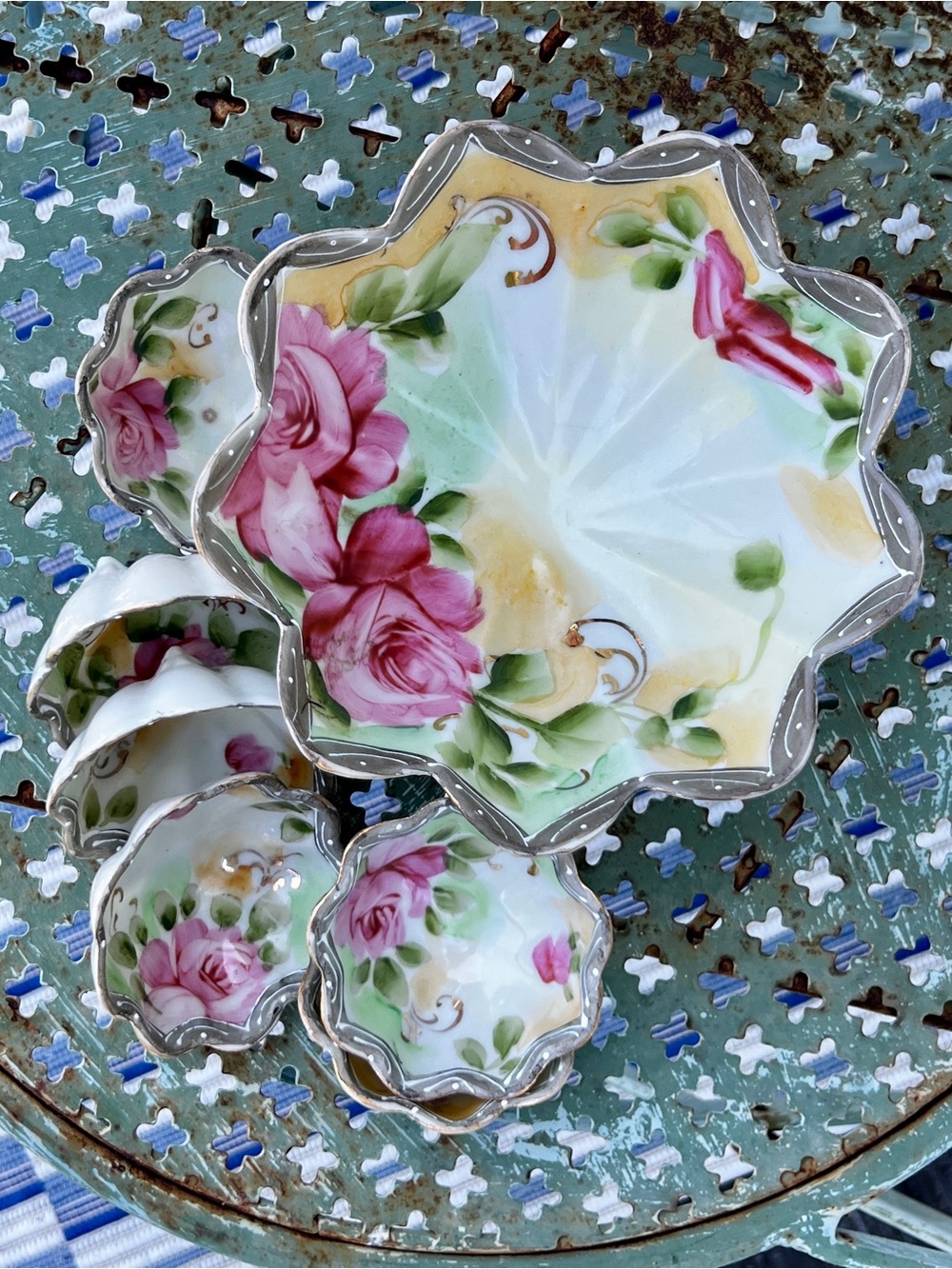 Vintage Japan Porcelain Rose Bowl Set 7 Pc Footed Floral Gold Trim